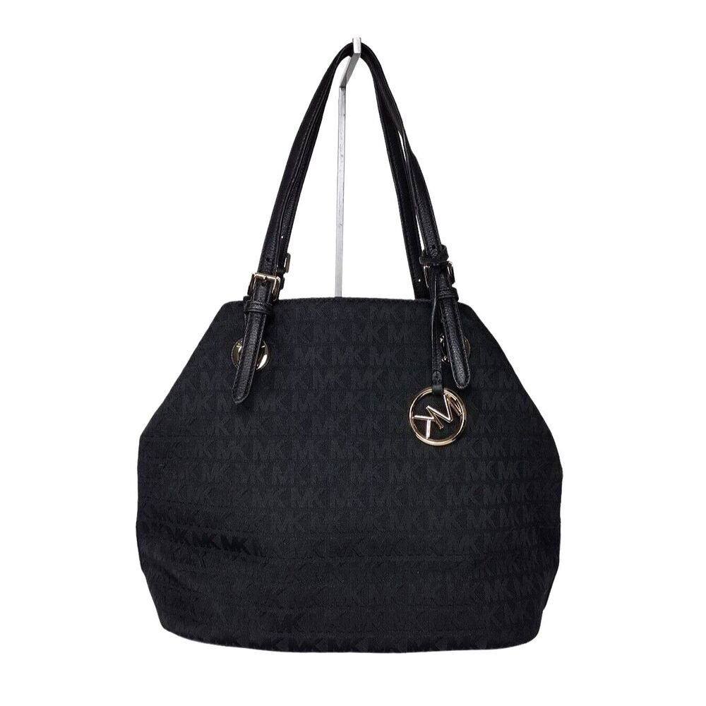 Michael Kors Jet Set Grab Bag Black Monogram Logo Signature Canvas Purse
